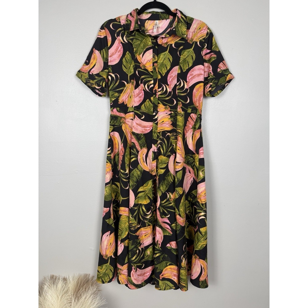 Moon‎ Child Banana Leaf Button Up Dress Dark Floral Maxi Tropical Resortcore SM